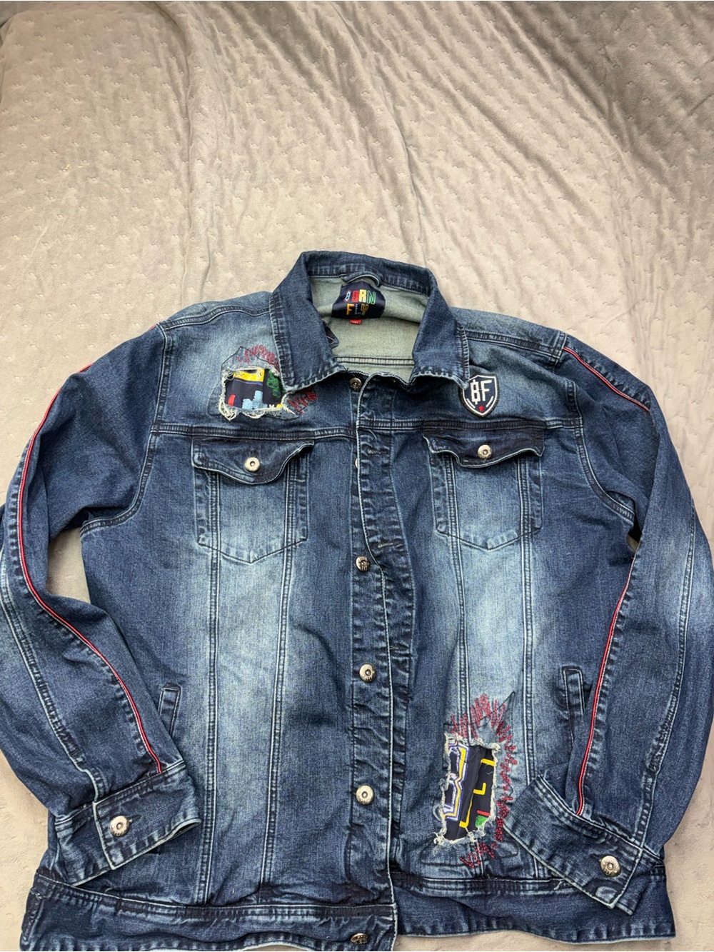 Men's Blue Denim Jacket with Patch Accents
